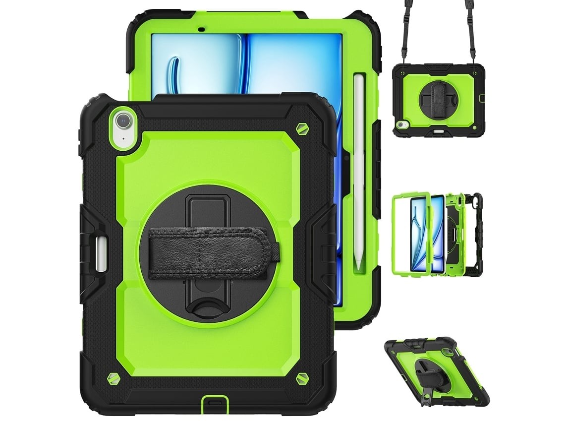 Silicone Case for iPad Air 11 2024, 2-Layer Protective Cover with 360° Stand, Yellow Green + Black