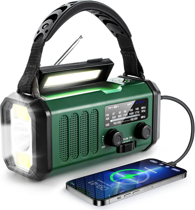 Solar Emergency Radio 10000mAh Hand Crank AM/FM Weather Radio with LED Flashlight, Green