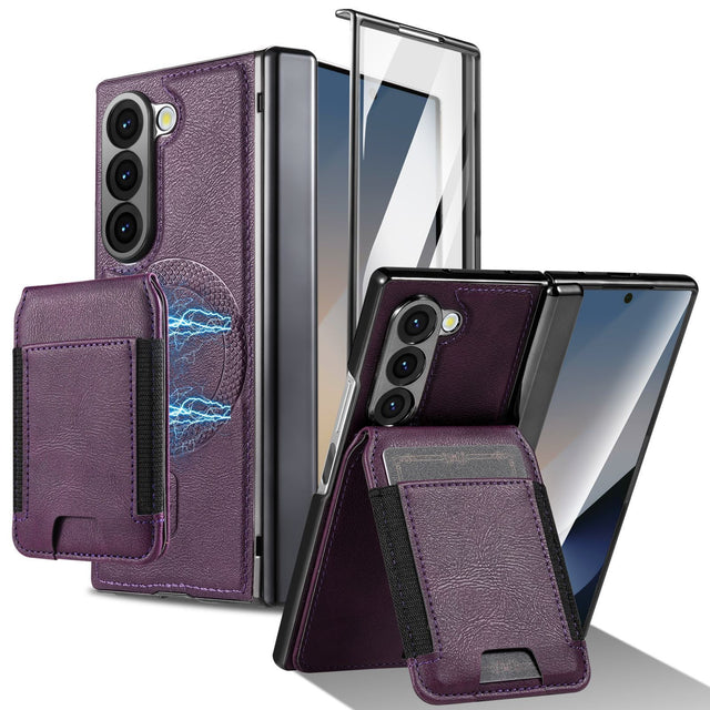 PU Leather Wallet Case for Samsung Z Fold 6, Removable Wallet & Screen Protector, Shockproof Purple