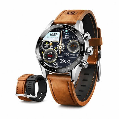 Men's Smartwatch with Bluetooth Calling, Health Tracking, GPS, 1.39" Screen, Leather & Silicone Strap