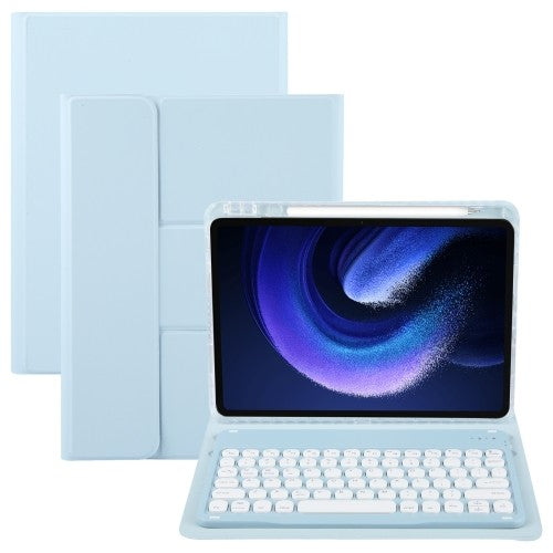 Bluetooth Keyboard with Rotating Leather Case for Xiaomi Pad 6, Round Keys, Sky Blue