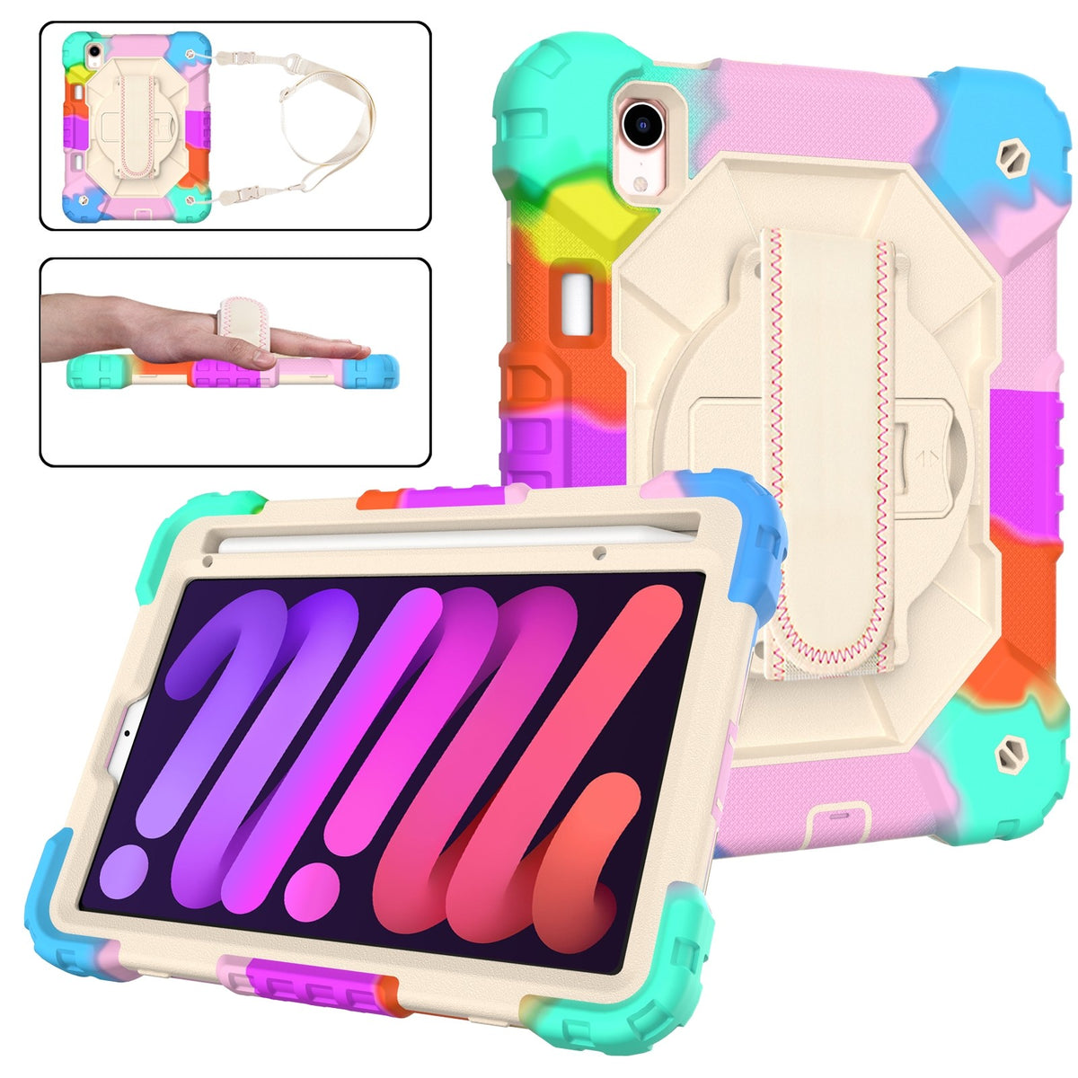 Robot Silicone PC Case for iPad Mini 6, Contrast Color Blue, Shockproof, with Hand Strap