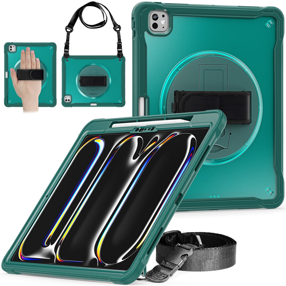 Hybrid Tablet Case for iPad Pro 13 2024, with Handle & Strap, Dark Green