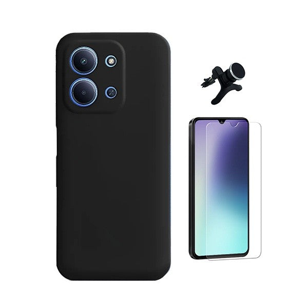 Tempered Glass Kit with Silicone Case & Car Mount for Xiaomi Redmi 15C, Black