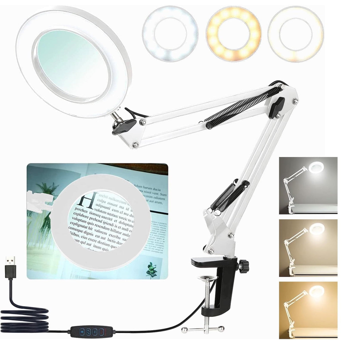 10x Adjustable Magnifying Glass with LED Light, 3 Color Modes, for Reading & Crafts, White