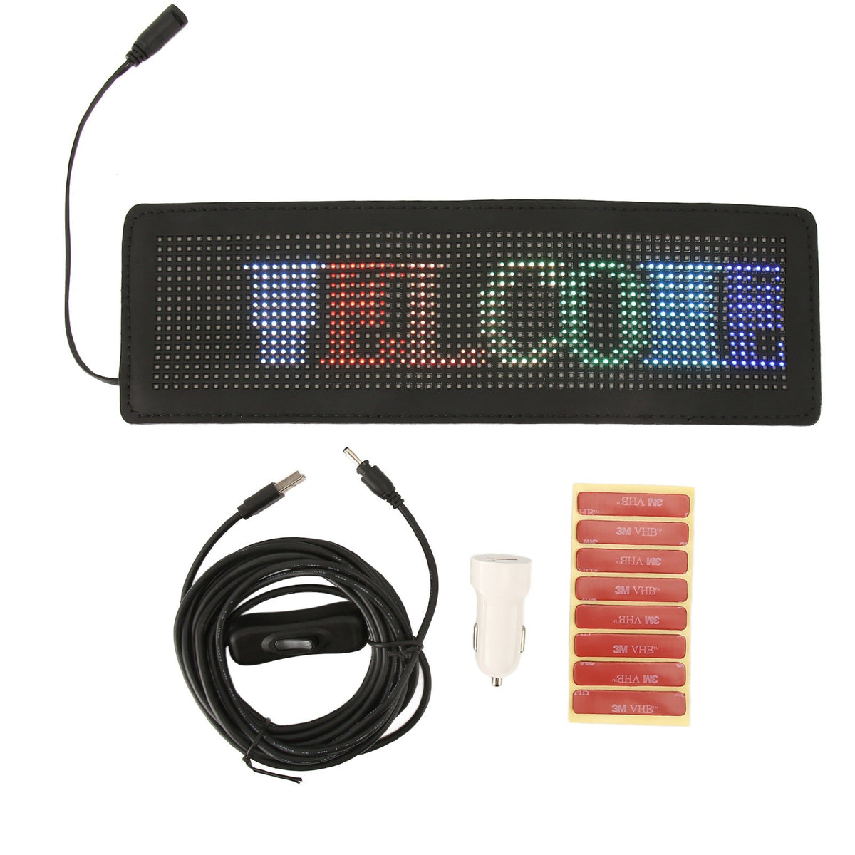 App Programmable LED Car Sign, USB 5V 12-24V, RGB Scrolling Message for Store Bar Hotel