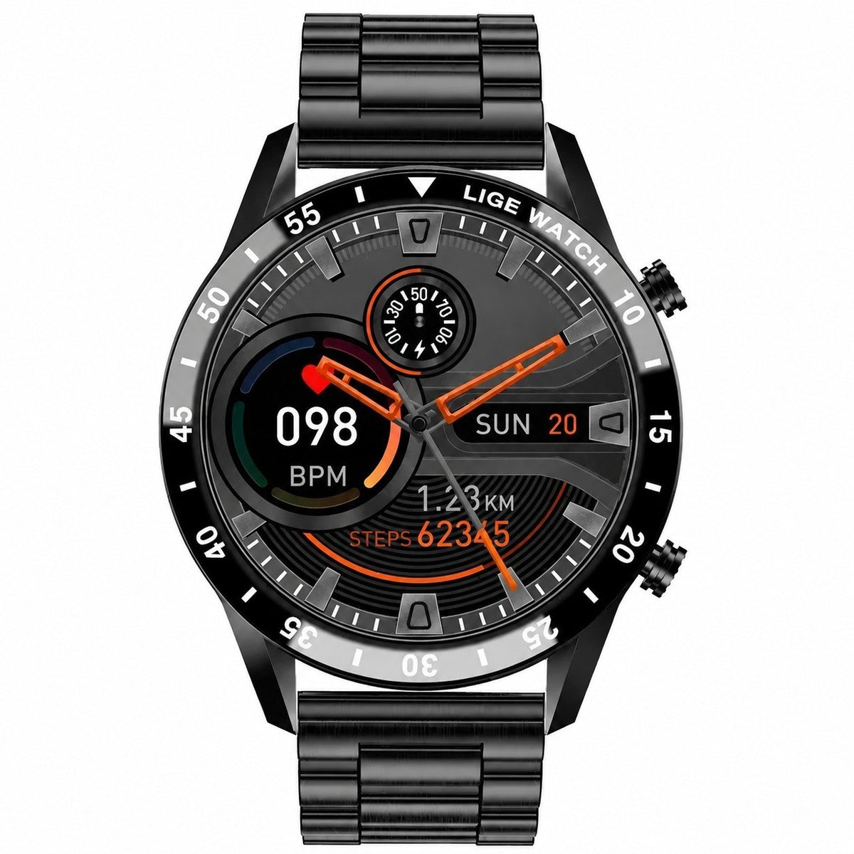 Smartwatch for Android iOS, Men's Sport Bracelet, Waterproof, Bluetooth Calling, Black Steel Band