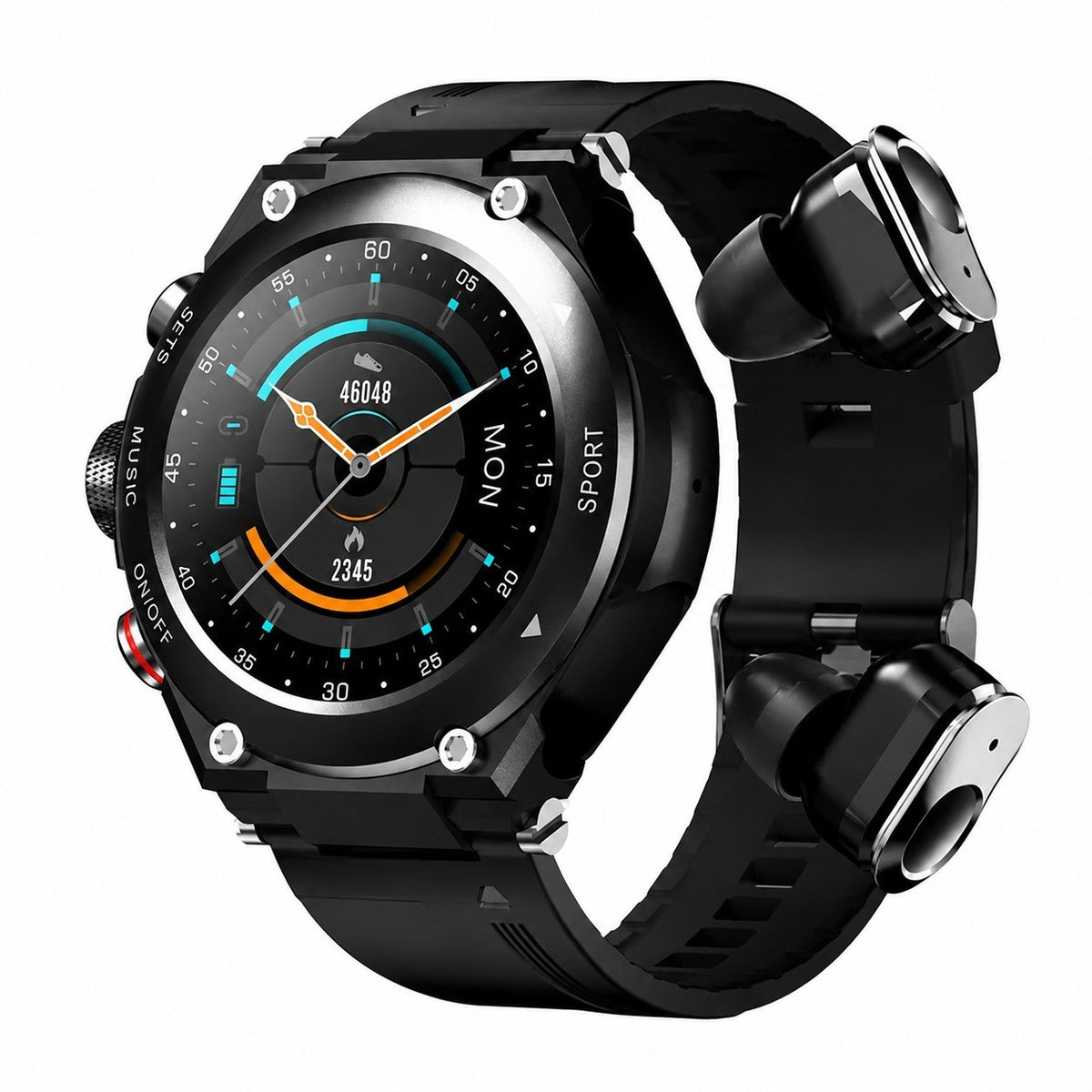 2-in-1 Bluetooth Smartwatch with Built-in Earphones, Touchscreen, Call, Temperature, Music, Black