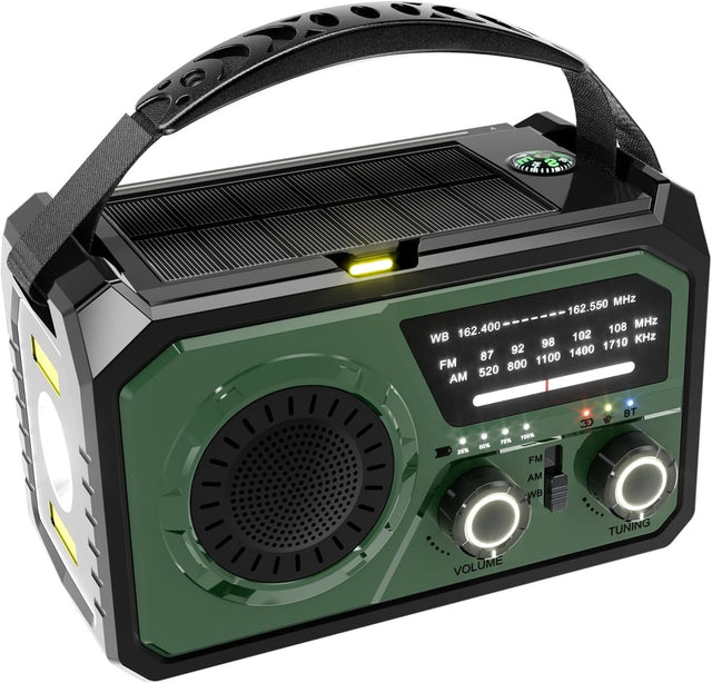 Solar Portable Radio, NOAA/FM/AM, SOS, Bluetooth 5.3, Flashlight, Compass, 16000mAh, Deep Green